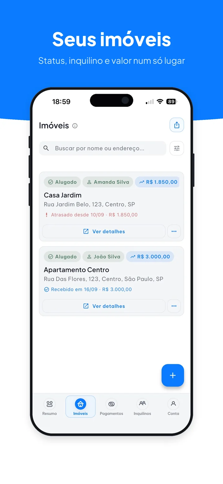 Lista de imóveis com status, inquilino e valor do aluguel