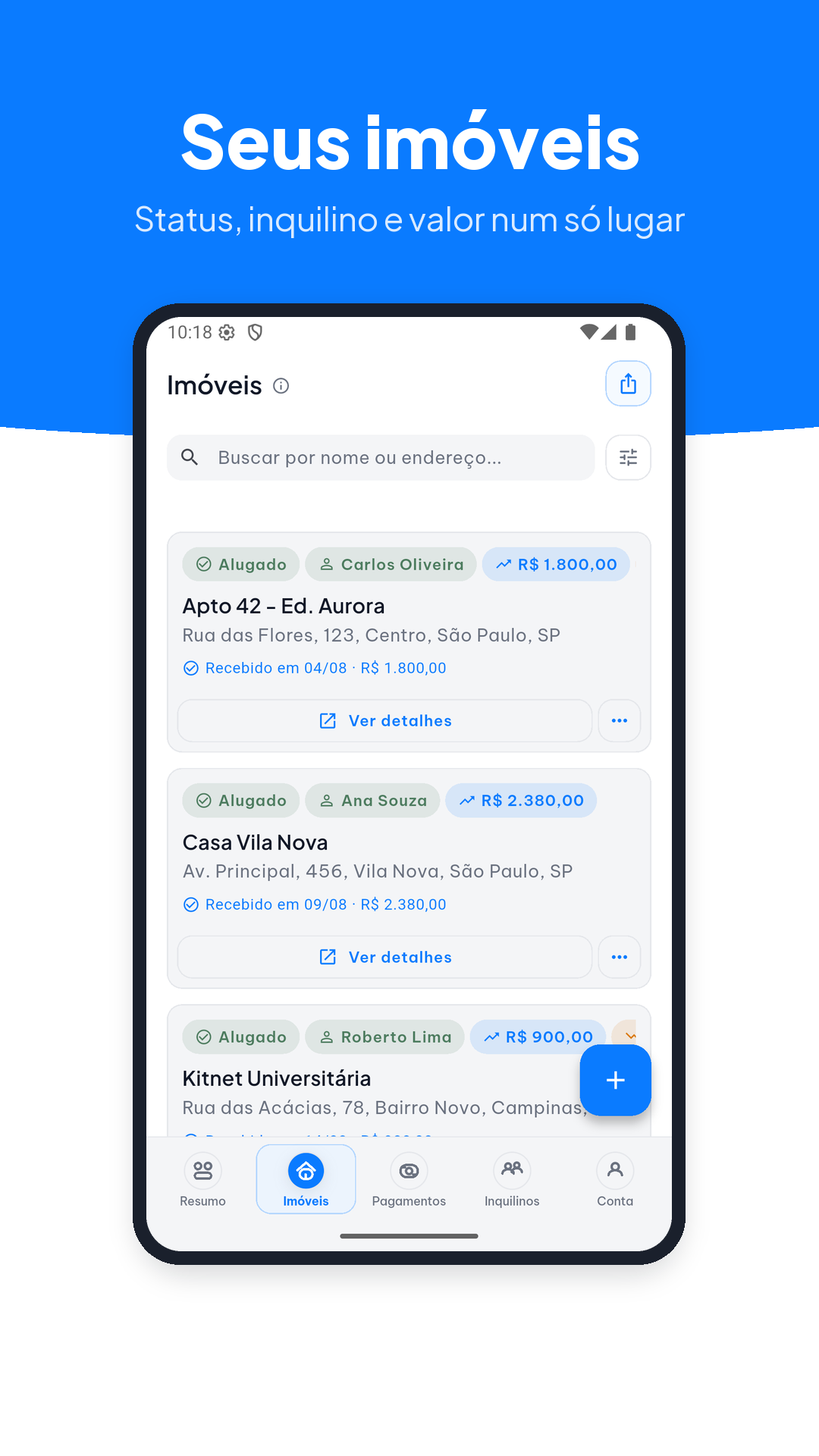 Lista de imóveis cadastrados com status de cada um