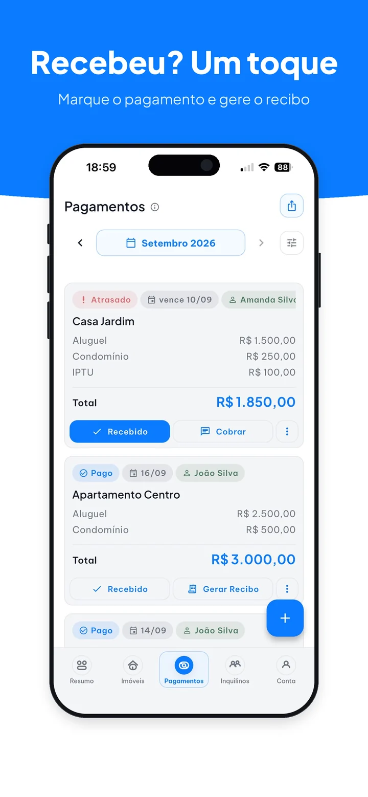 Pagamentos do mês com botões para marcar como recebido e gerar recibo