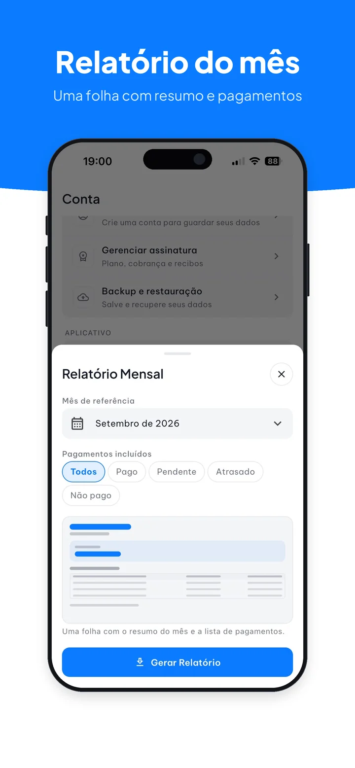 Relatório mensal com o resumo e a lista de pagamentos