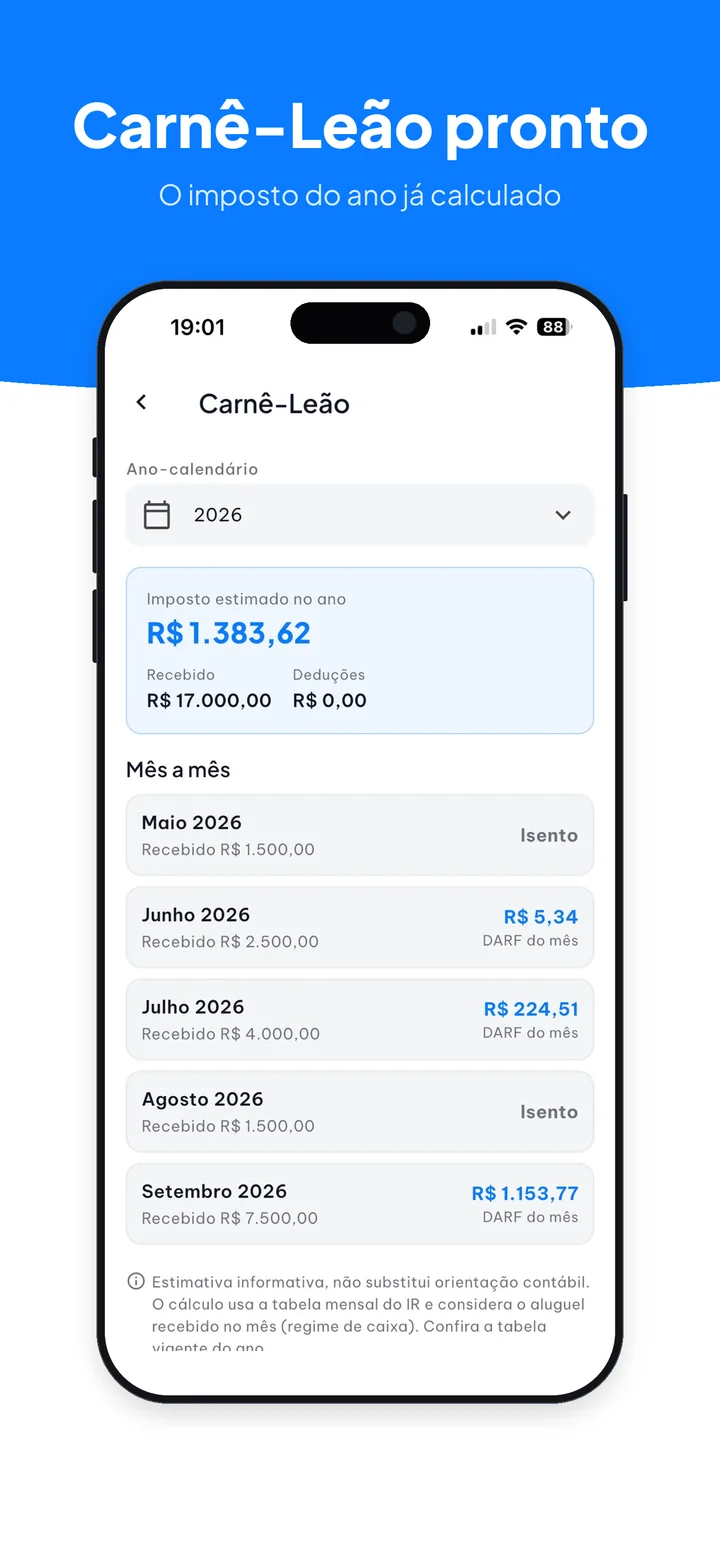Carnê-Leão com o imposto estimado no ano e o valor de cada mês