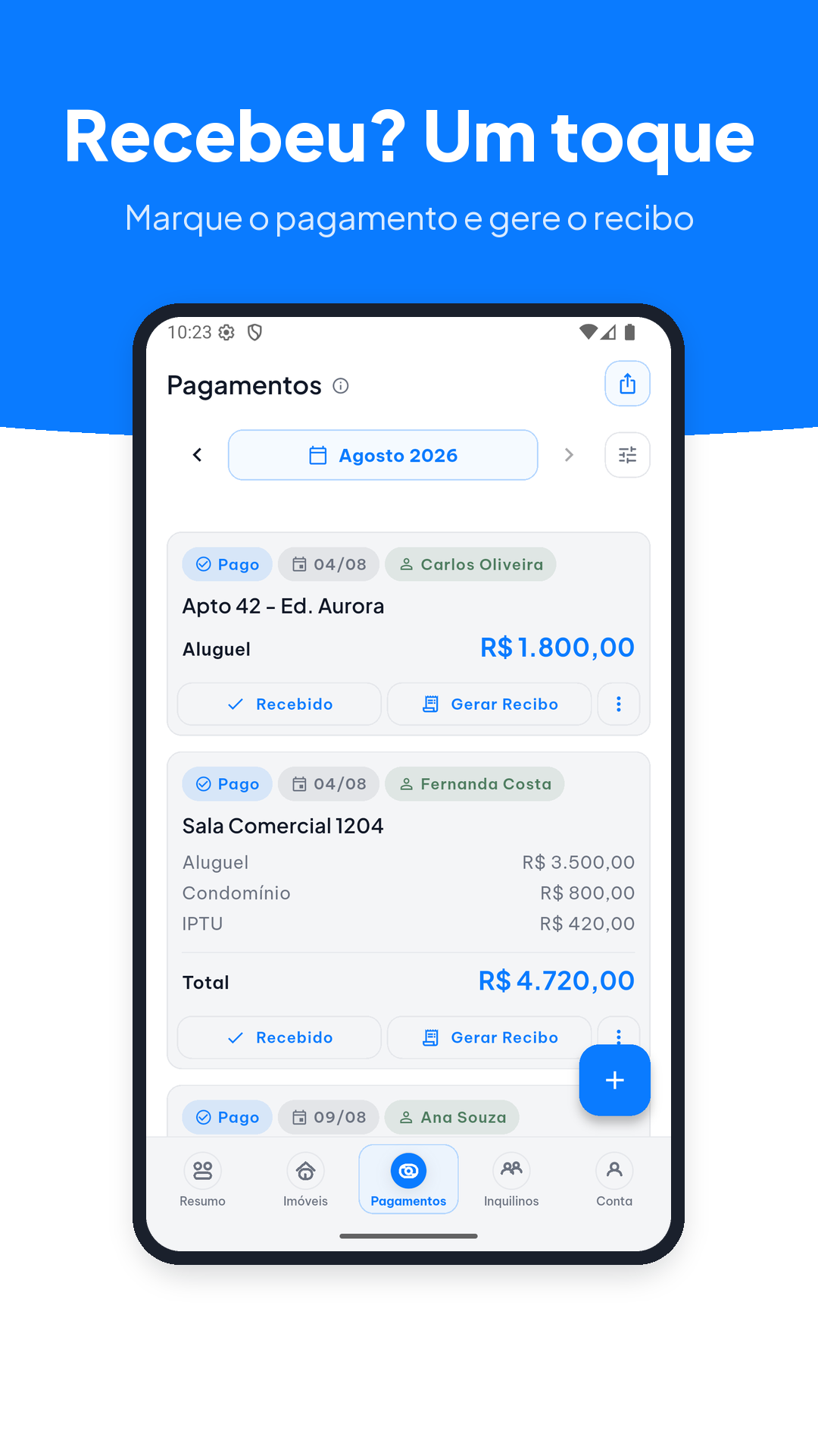 Registro de pagamento recebido em um toque
