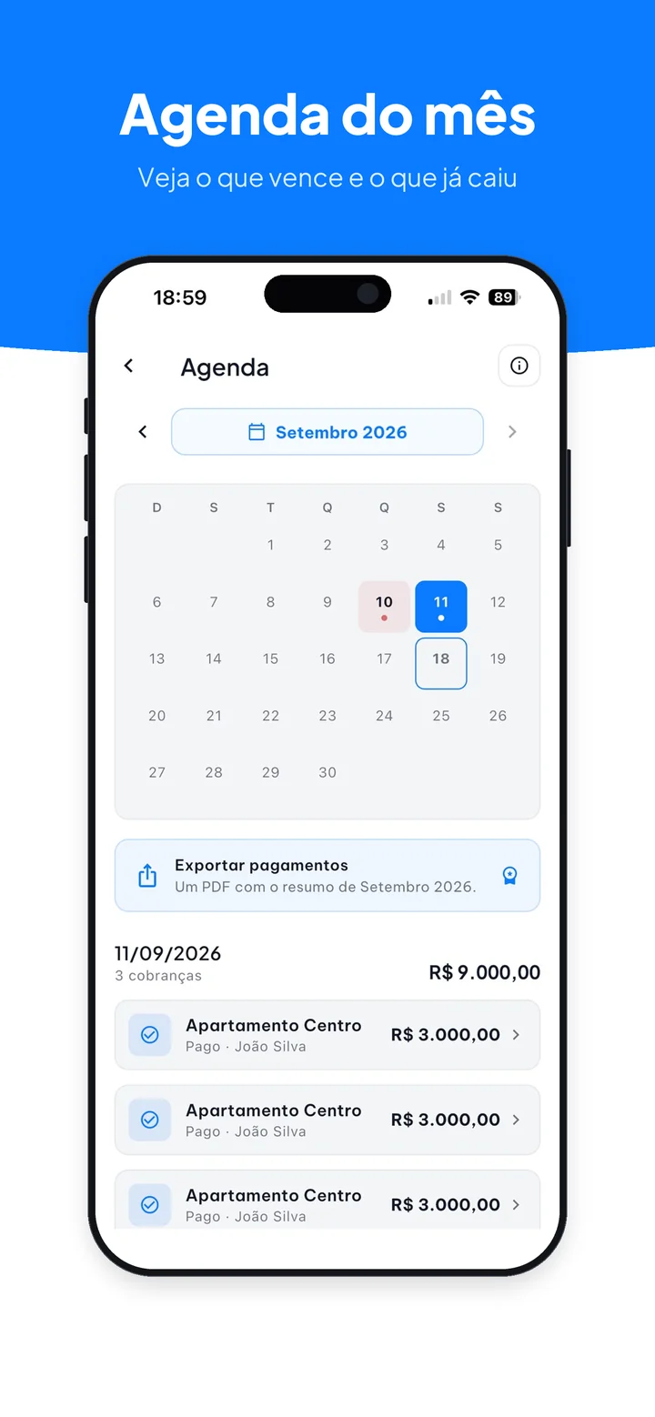 Agenda do mês com os vencimentos e pagamentos por dia