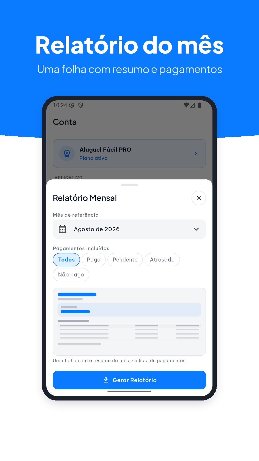 Relatório mensal com o resumo dos aluguéis