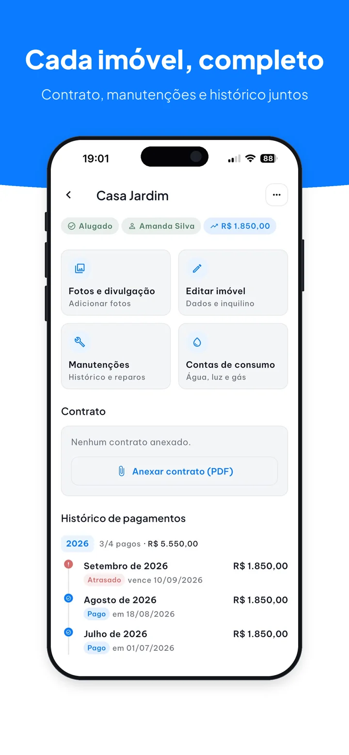 Página do imóvel com contrato, manutenções e histórico de pagamentos