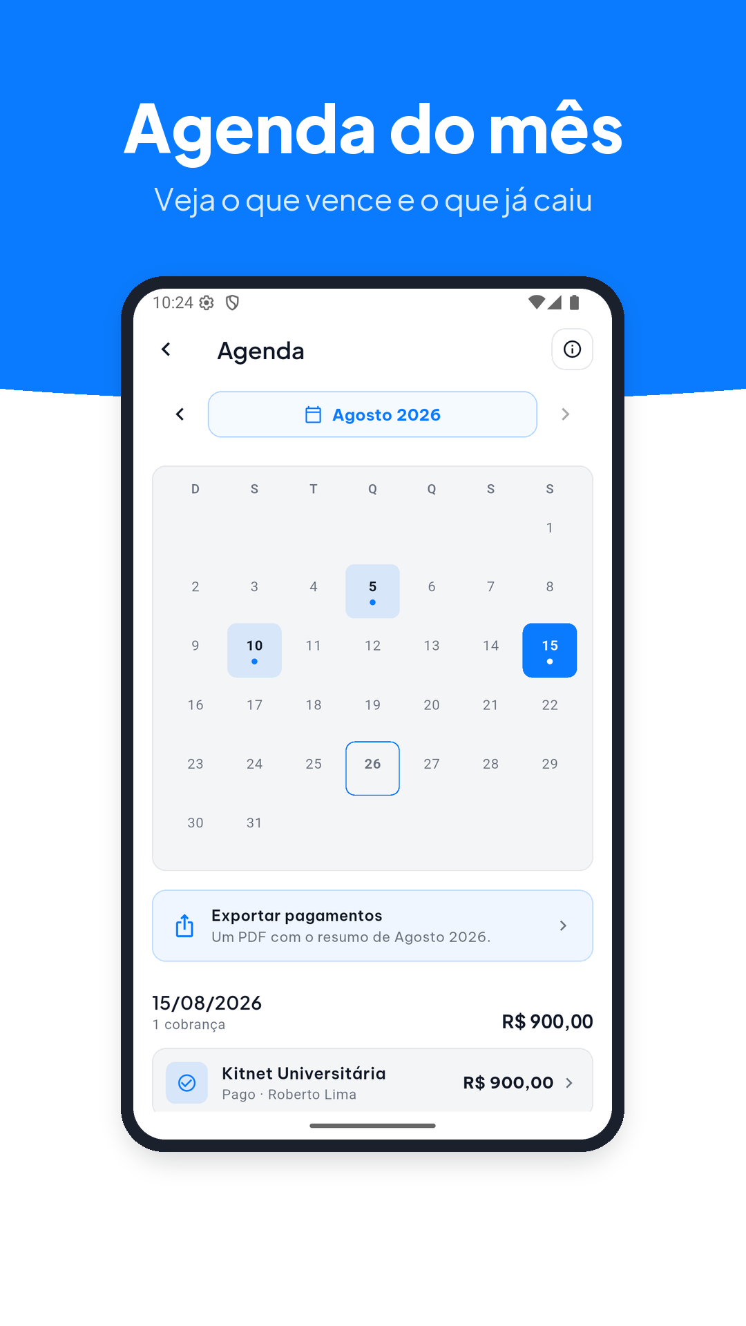 Agenda do mês com os vencimentos